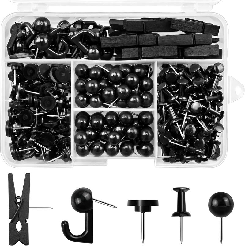 koorito 260 Pcs Push Pins Set 5 Styles Black Thumb Tacks Cute Push Pins for Bulletin Board, Cork Board - Image 1